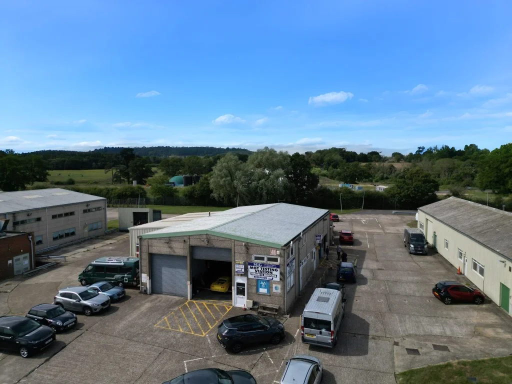 Aerial view of the garage at Dunsfold Park
